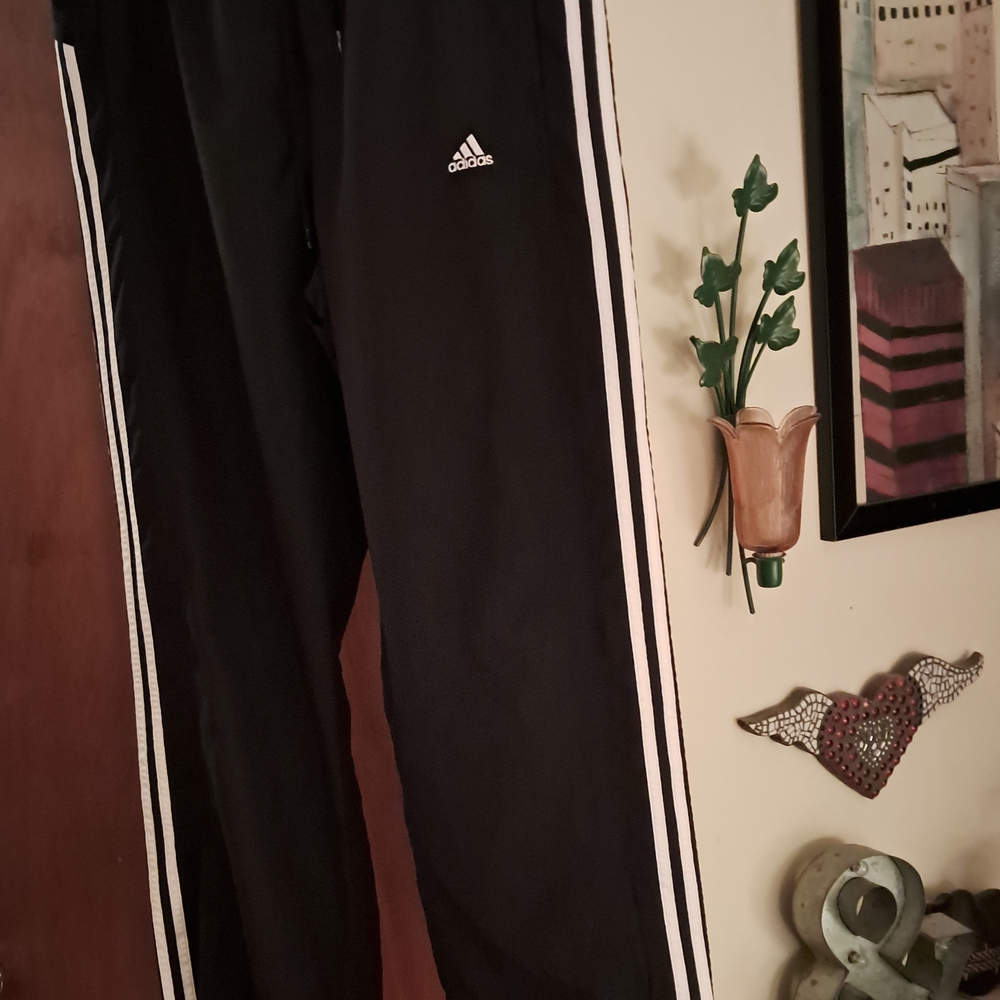 Men's Adidas Black Track Pants with White Stripes Clima 365 Size Large.
